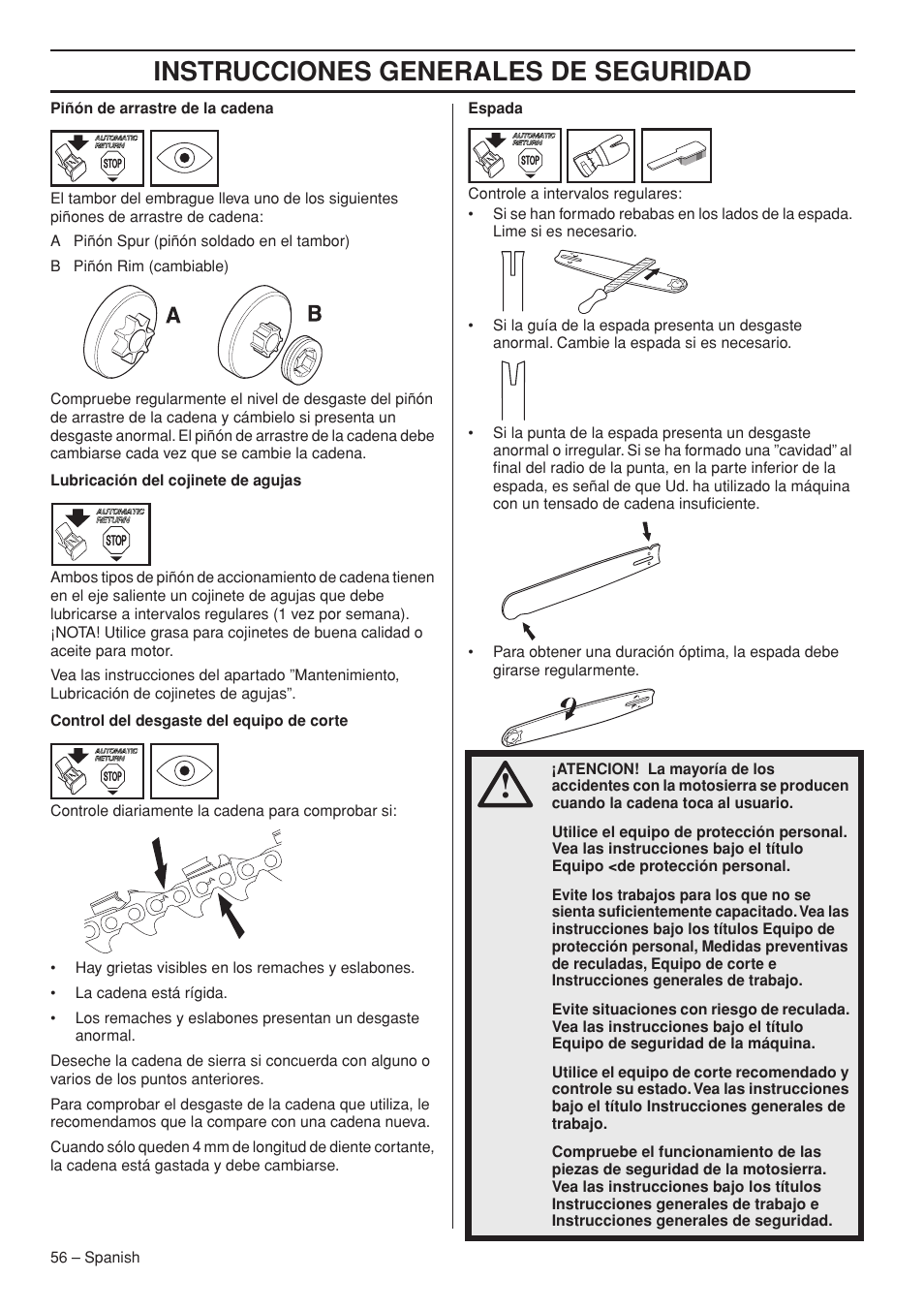Instrucciones generales de seguridad | Husqvarna 445e TrioBrake User Manual | Page 56 / 84