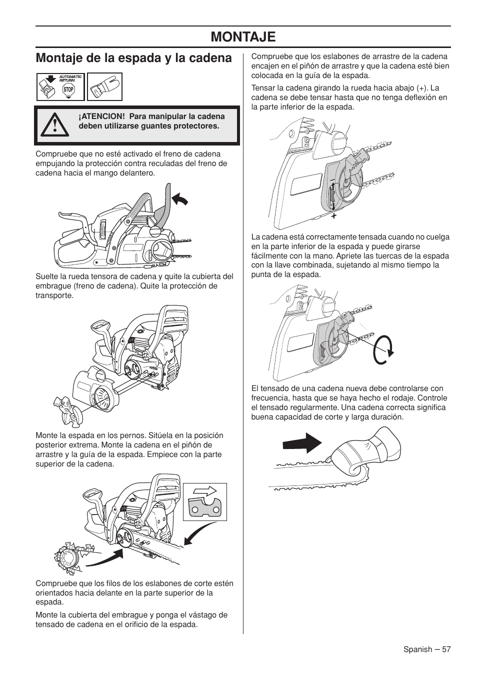 Montaje de la espada y la cadena, Montaje | Husqvarna 445e TrioBrake User Manual | Page 57 / 84