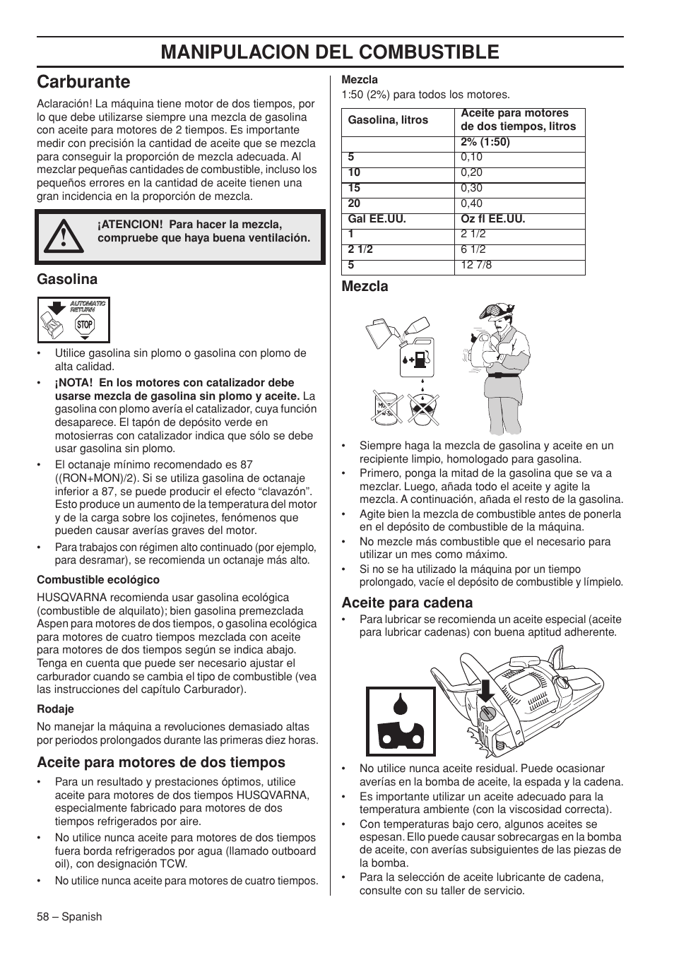 Carburante, Gasolina, Aceite para motores de dos tiempos | Mezcla, Aceite para cadena, Manipulacion del combustible | Husqvarna 445e TrioBrake User Manual | Page 58 / 84