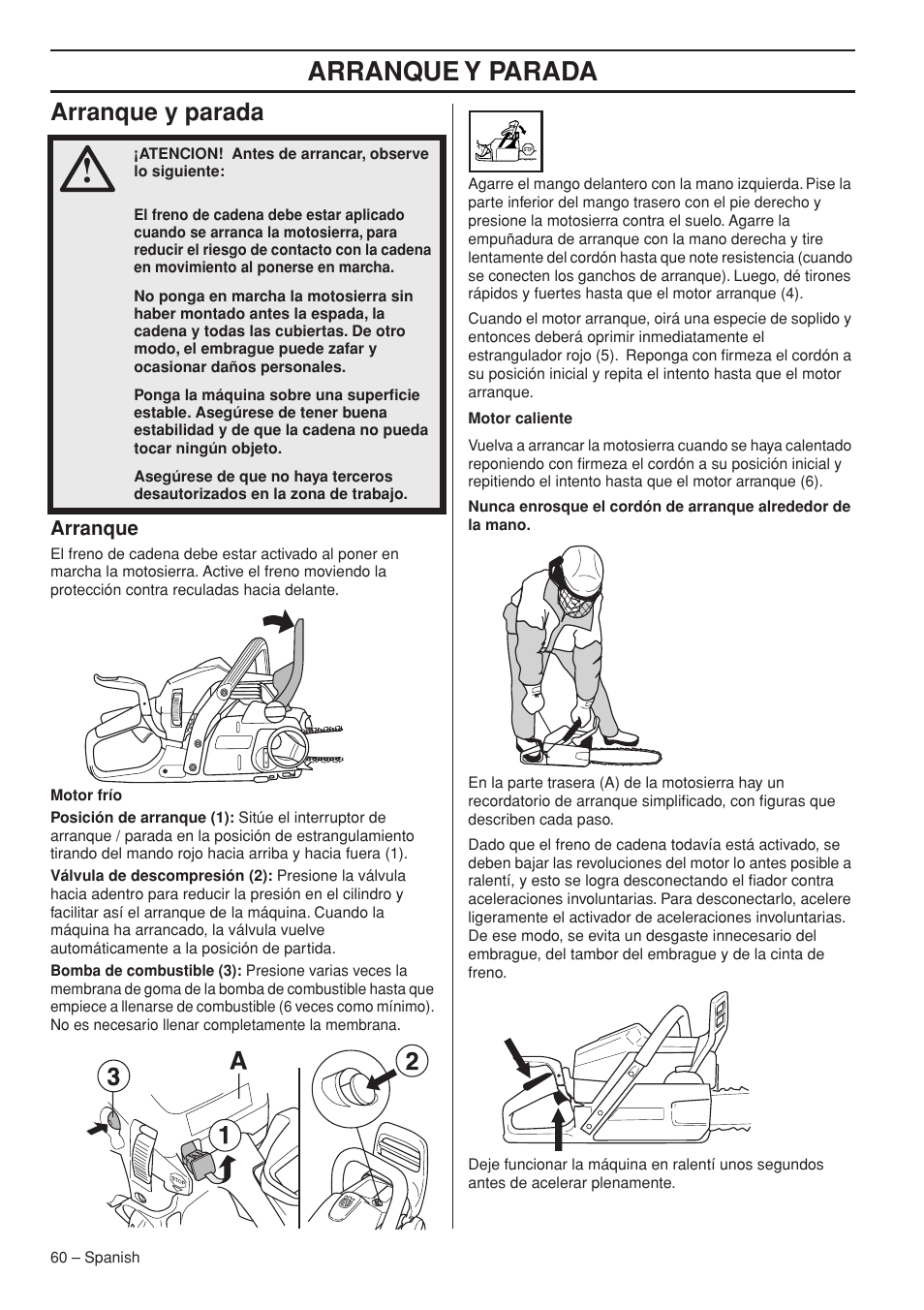 Arranque y parada, Arranque | Husqvarna 445e TrioBrake User Manual | Page 60 / 84