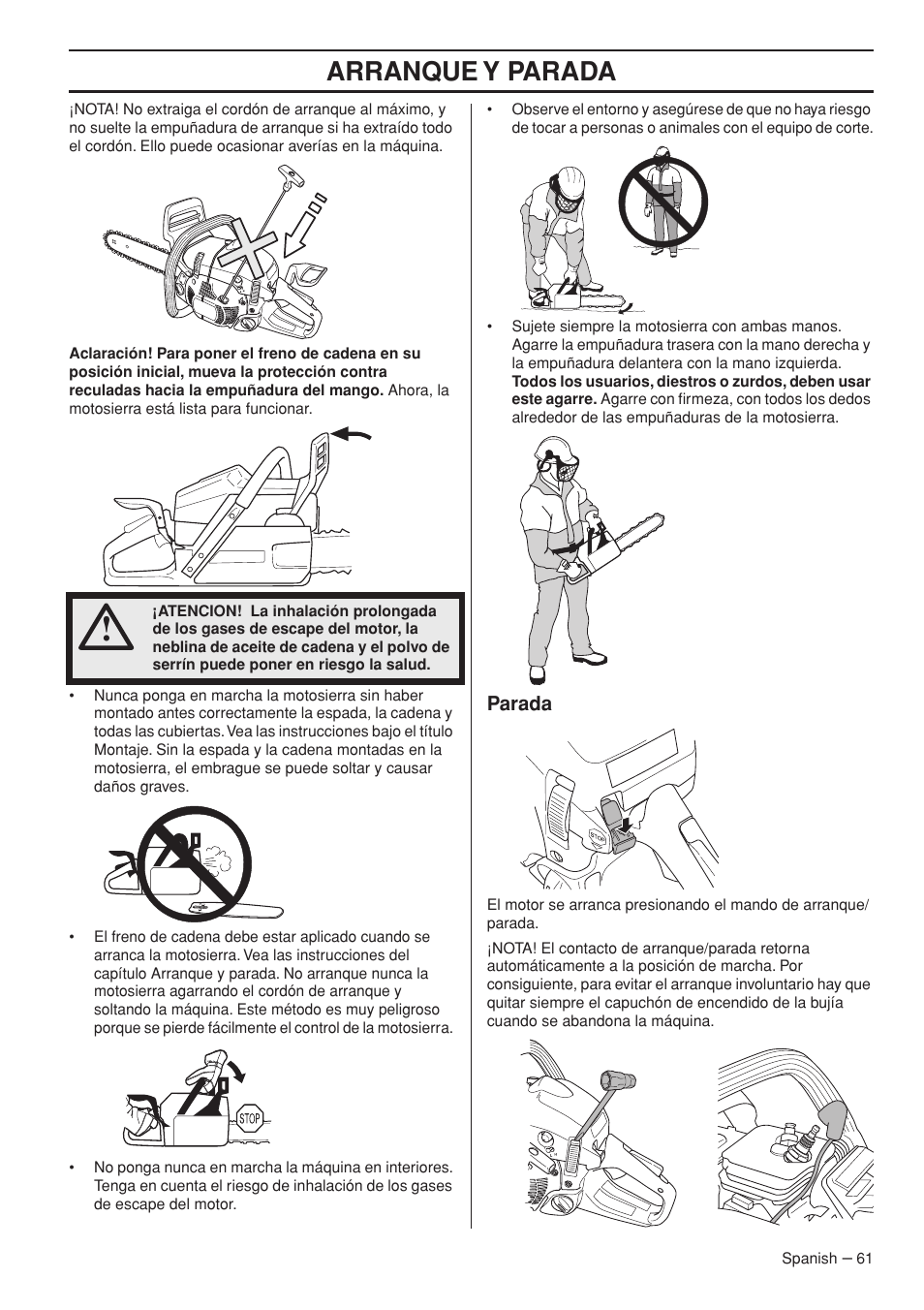 Parada, Arranque y parada | Husqvarna 445e TrioBrake User Manual | Page 61 / 84