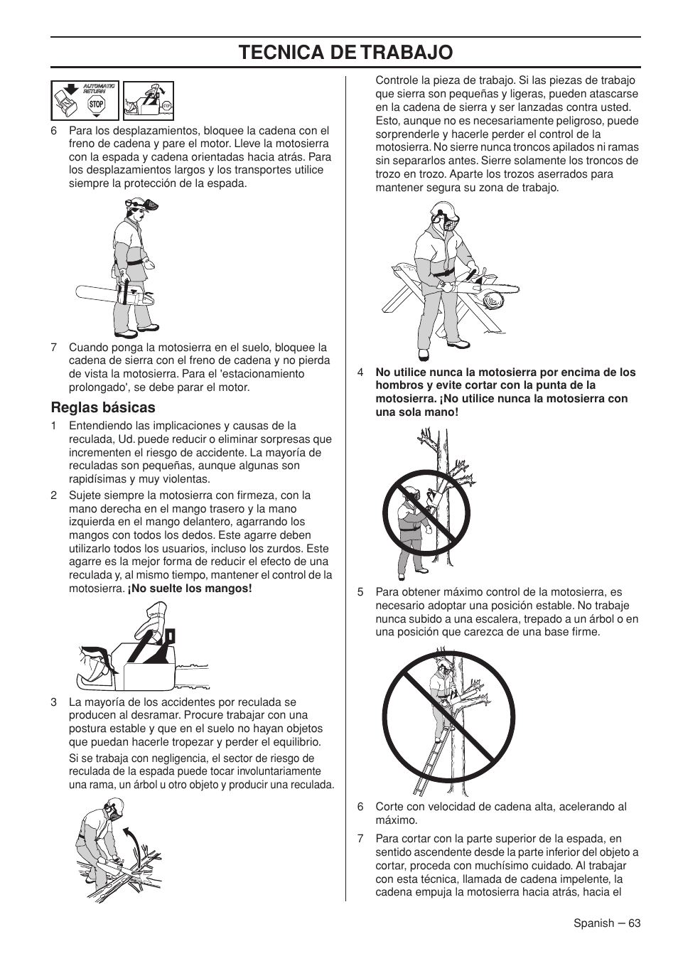 Reglas básicas, Tecnica de trabajo | Husqvarna 445e TrioBrake User Manual | Page 63 / 84