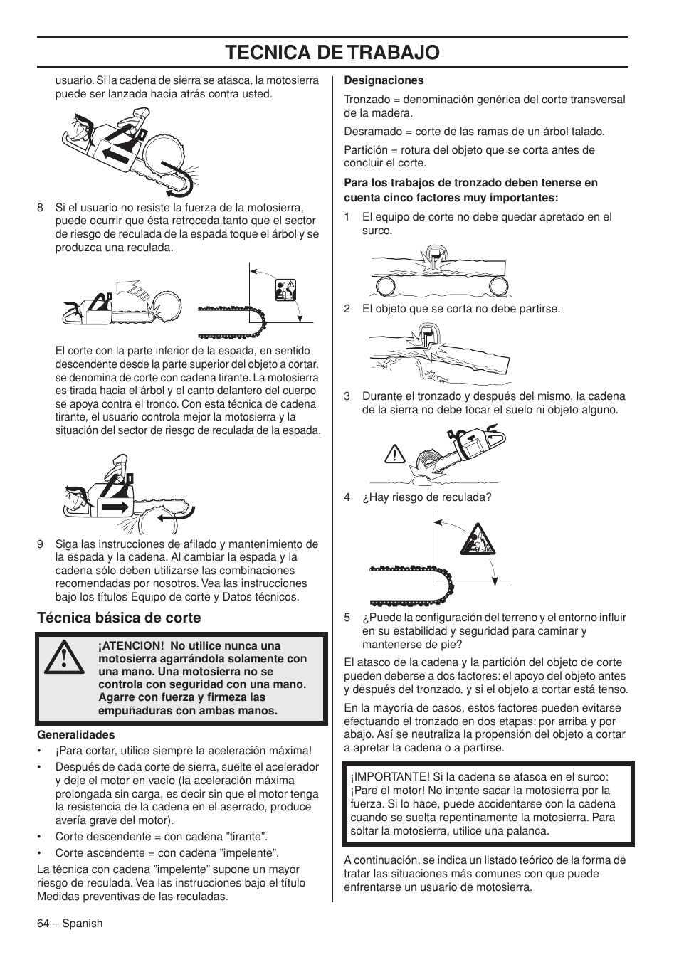 Técnica básica de corte, Tecnica de trabajo | Husqvarna 445e TrioBrake User Manual | Page 64 / 84