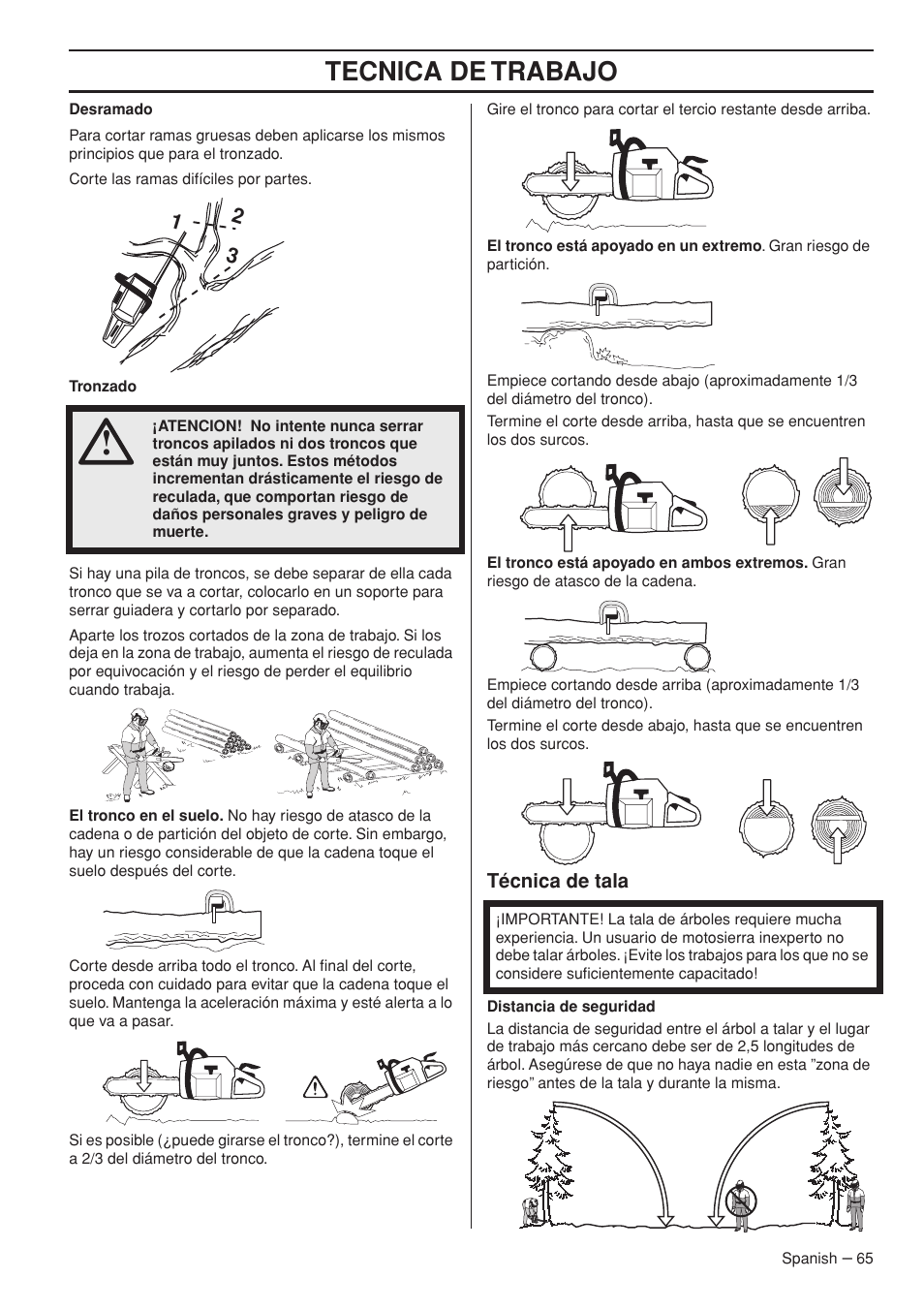 Técnica de tala, Tecnica de trabajo | Husqvarna 445e TrioBrake User Manual | Page 65 / 84