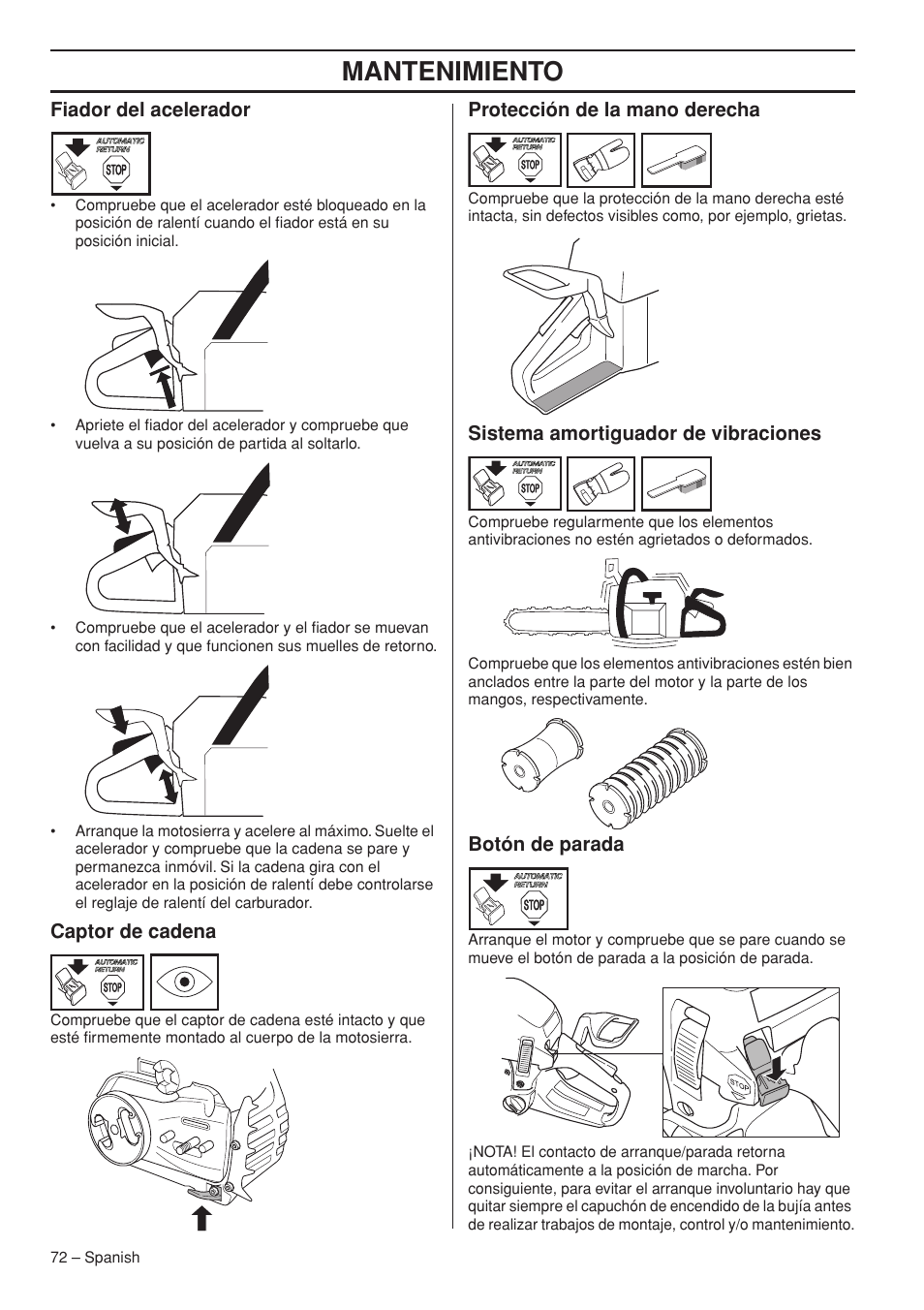 Fiador del acelerador, Captor de cadena, Protección de la mano derecha | Sistema amortiguador de vibraciones, Botón de parada, Mantenimiento | Husqvarna 445e TrioBrake User Manual | Page 72 / 84