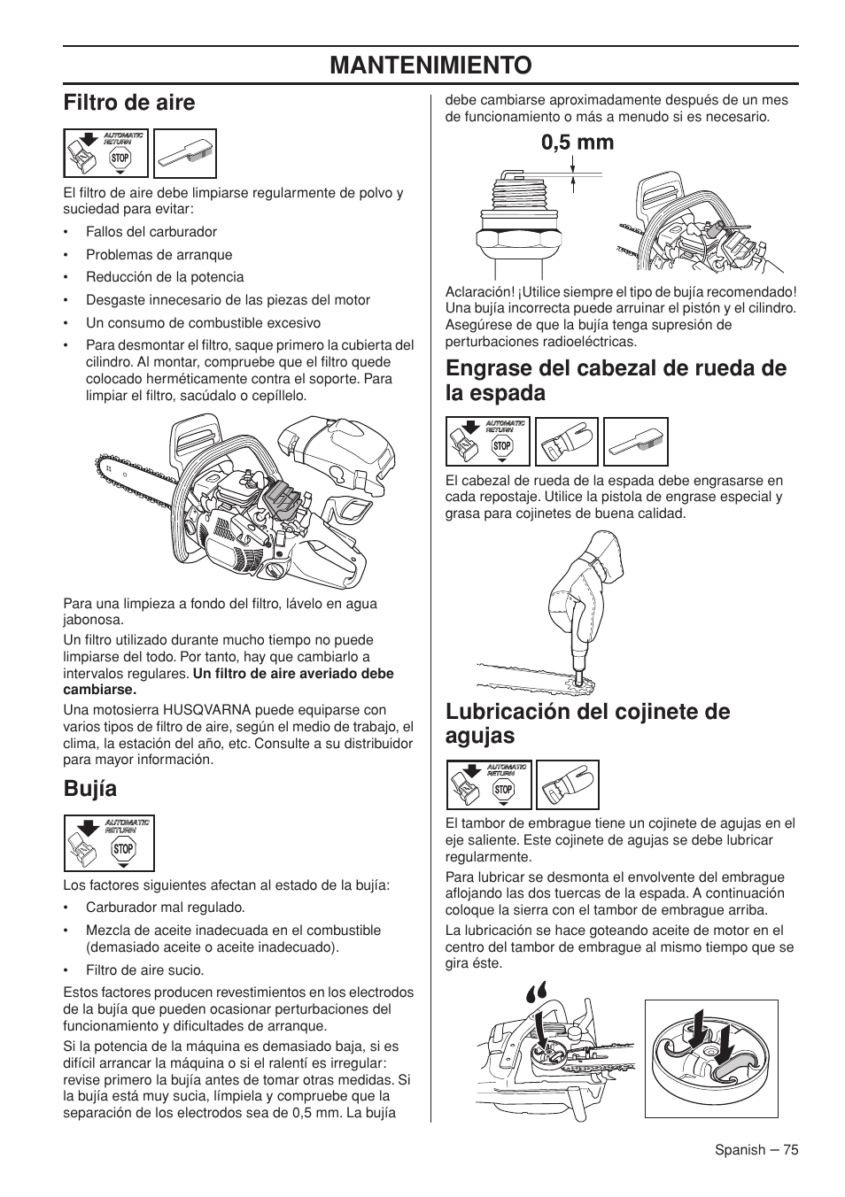 Filtro de aire, Bujía, Engrase del cabezal de rueda de la espada | Lubricación del cojinete de agujas, Mantenimiento | Husqvarna 445e TrioBrake User Manual | Page 75 / 84