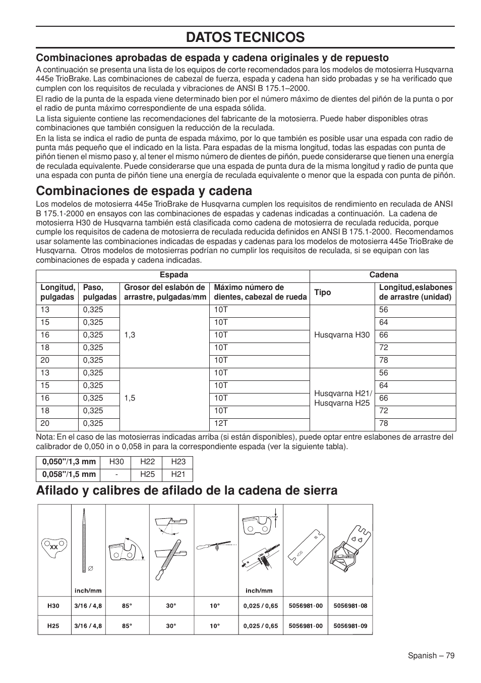 Combinaciones de espada y cadena, Datos tecnicos | Husqvarna 445e TrioBrake User Manual | Page 79 / 84