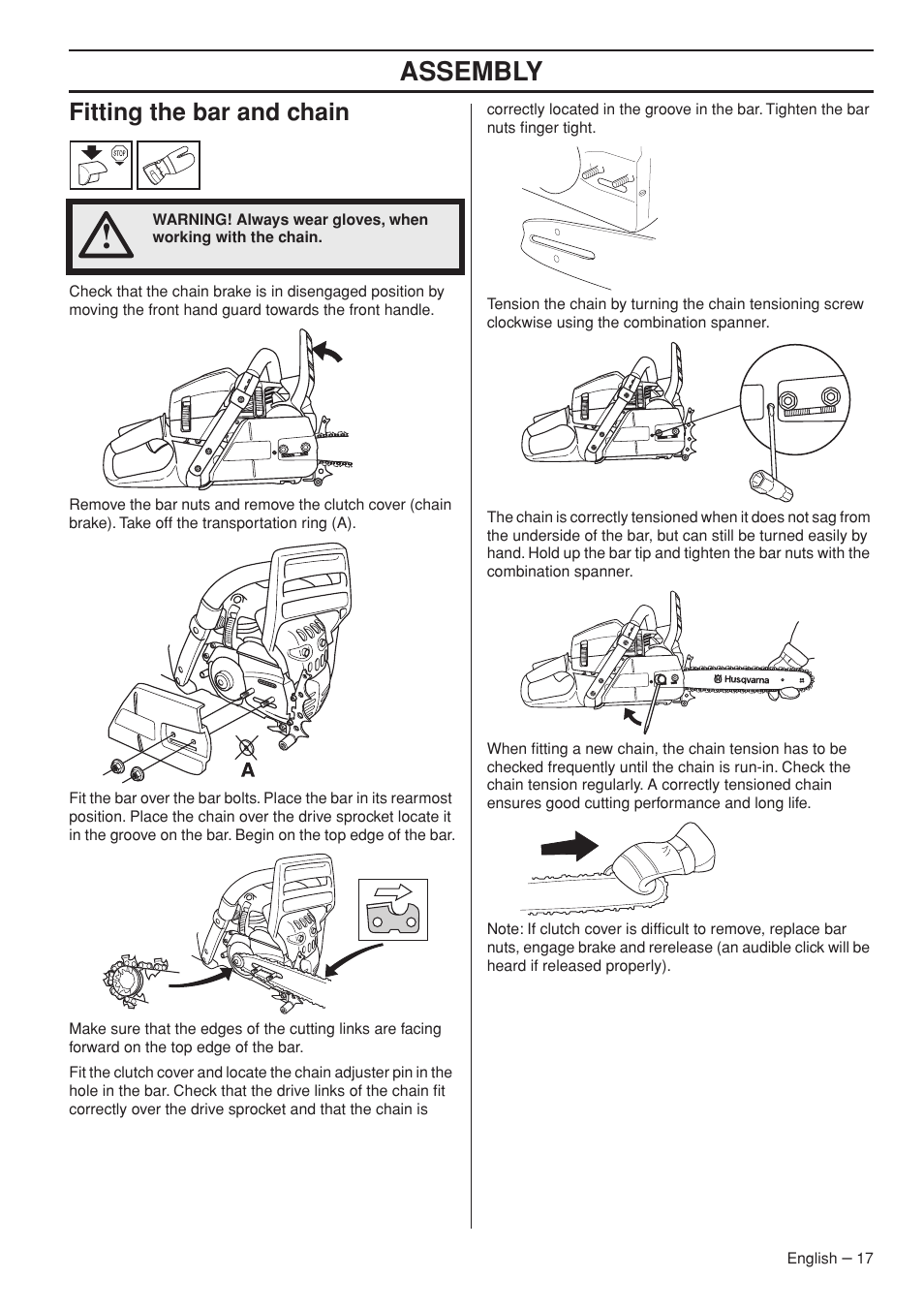 Fitting the bar and chain, Assembly | Husqvarna 1153181-95 User Manual | Page 17 / 44