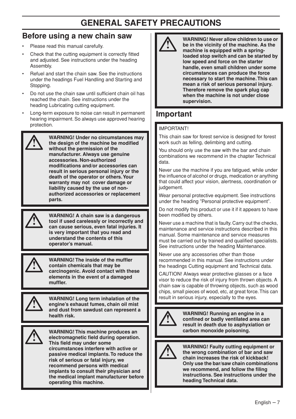 Before using a new chain saw, Important, General safety preca utions | Bef ore using a new chain saw, Impor tant | Husqvarna 1153181-95 User Manual | Page 7 / 44