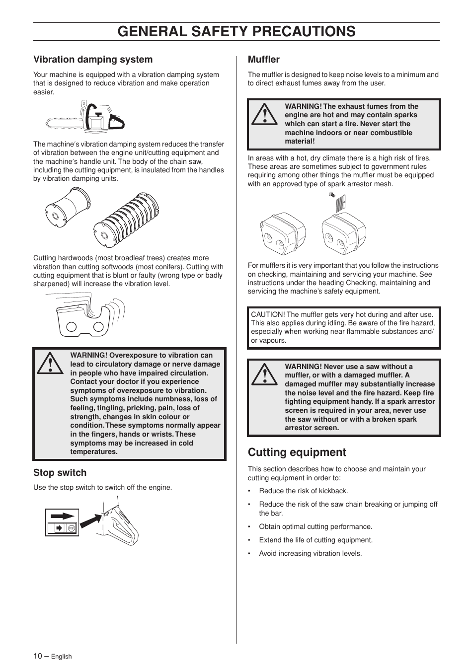 Vibration damping system, Stop switch, Muffler | Cutting equipment, General safety precautions | Husqvarna 55 EPA I User Manual | Page 10 / 44