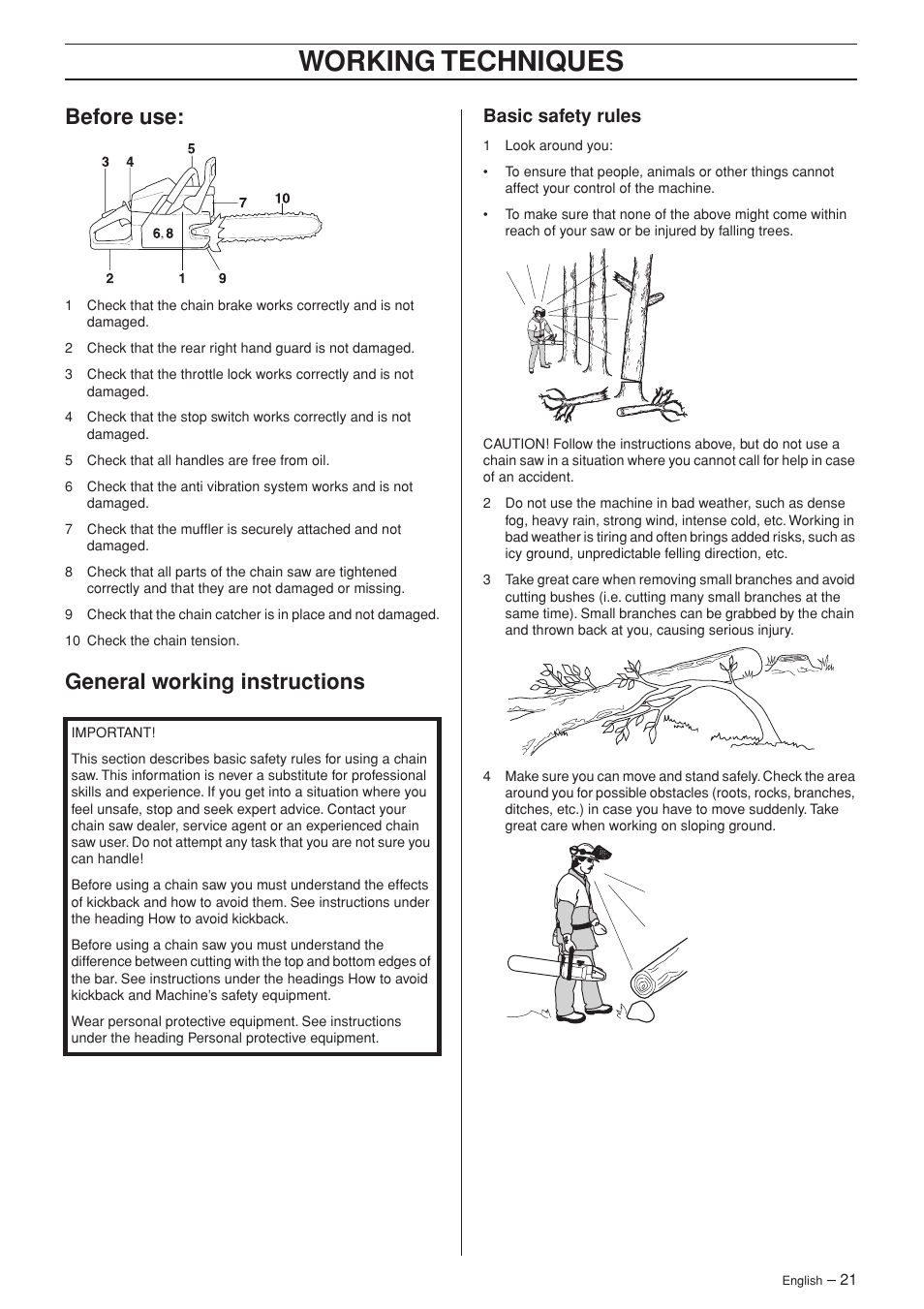 Before use, General working instructions, Basic safety rules | Working techniques | Husqvarna 55 EPA I User Manual | Page 21 / 44
