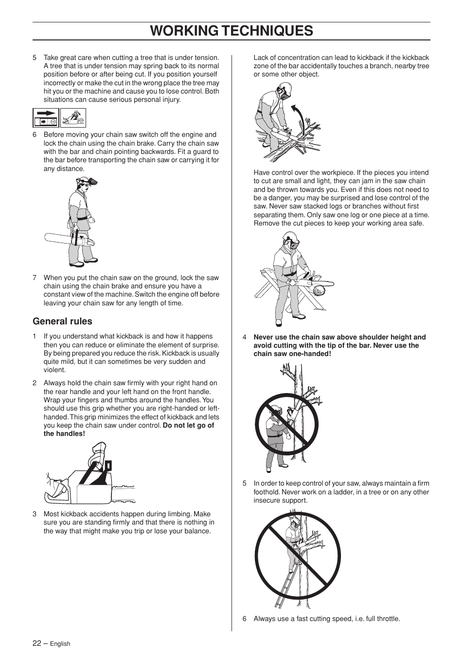 General rules, Working techniques | Husqvarna 55 EPA I User Manual | Page 22 / 44