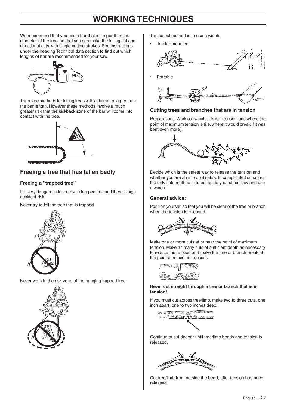 Freeing a tree that has fallen badly, Working techniques | Husqvarna 55 EPA I User Manual | Page 27 / 44