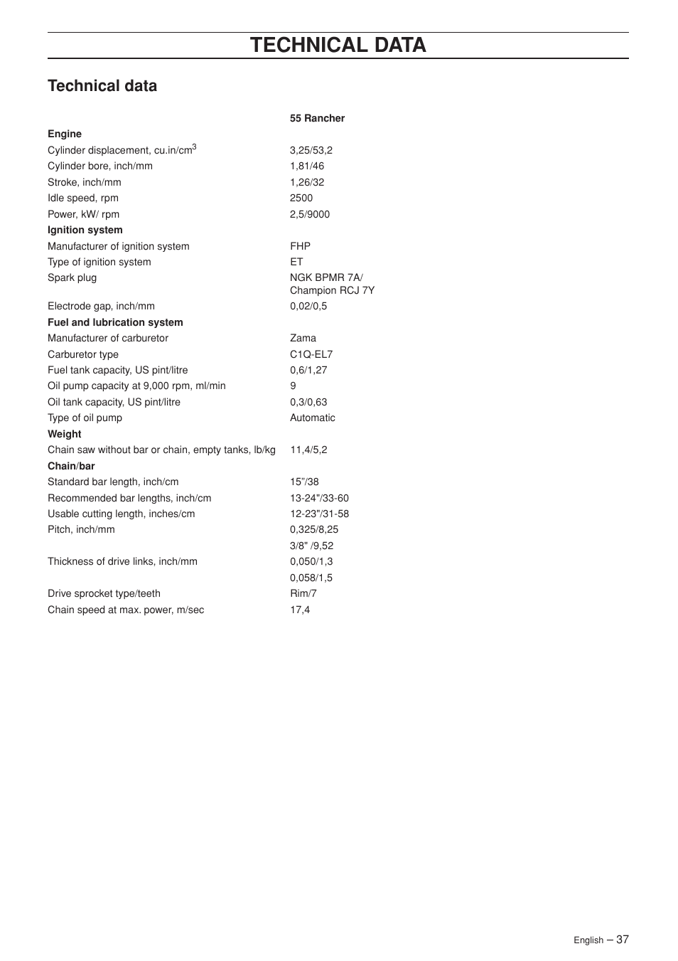 Technical data | Husqvarna 55 EPA I User Manual | Page 37 / 44