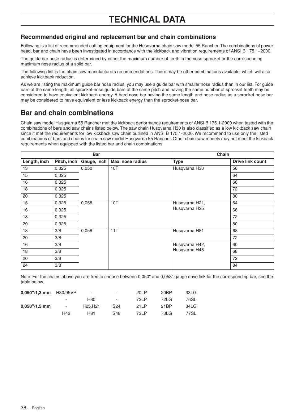 Bar and chain combinations, Technical data | Husqvarna 55 EPA I User Manual | Page 38 / 44