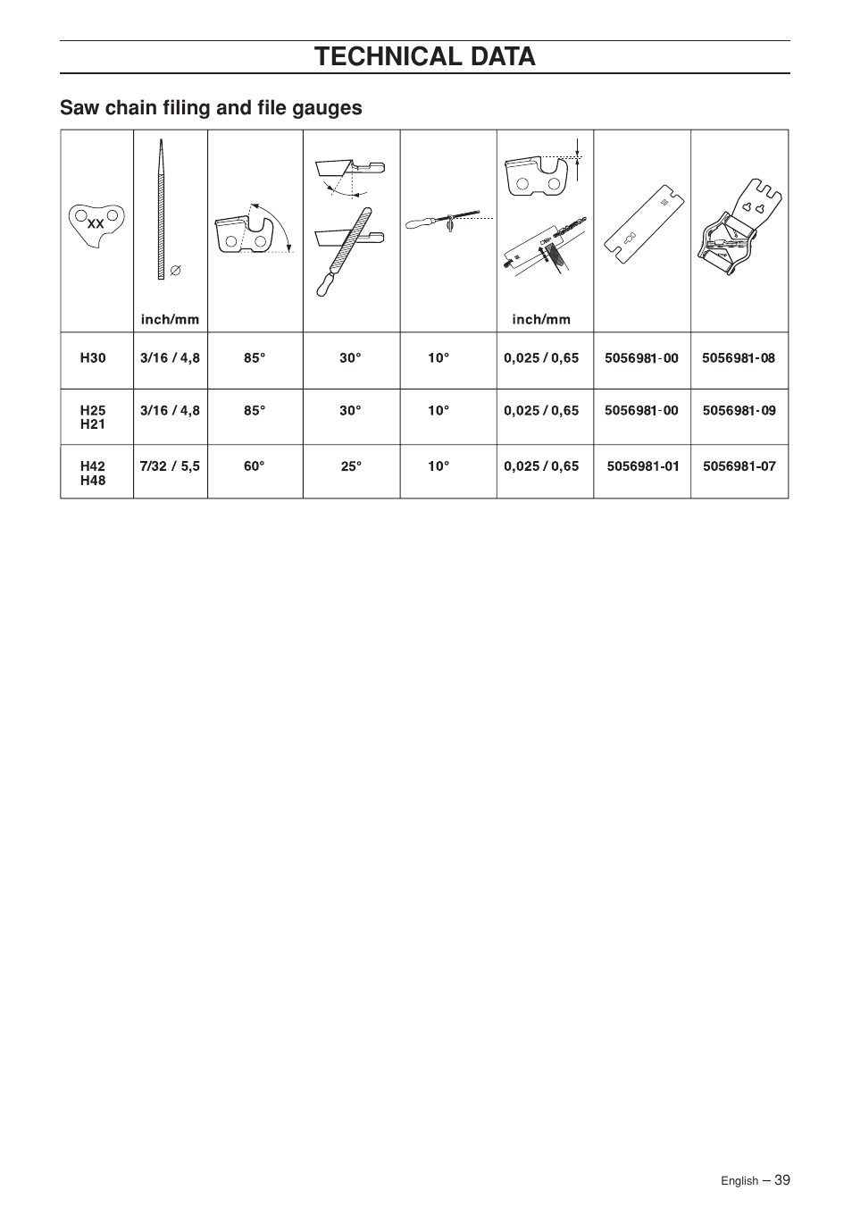 Saw chain filing and file gauges, Technical data | Husqvarna 55 EPA I User Manual | Page 39 / 44