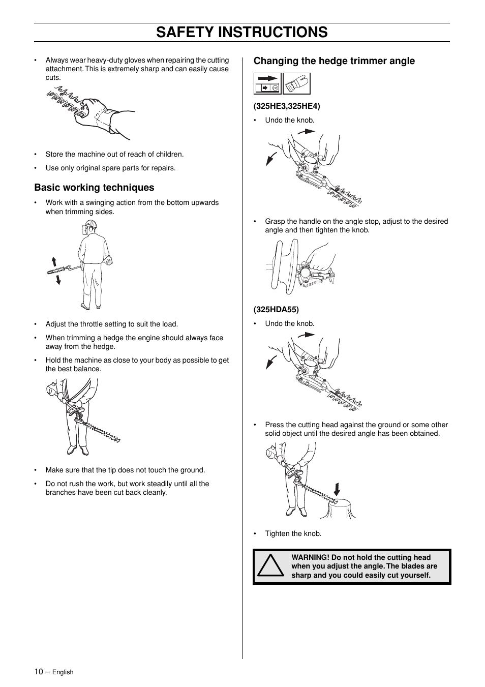 Basic working techniques, Changing the hedge trimmer angle, Safety instructions | Husqvarna 325HDA55 User Manual | Page 10 / 22