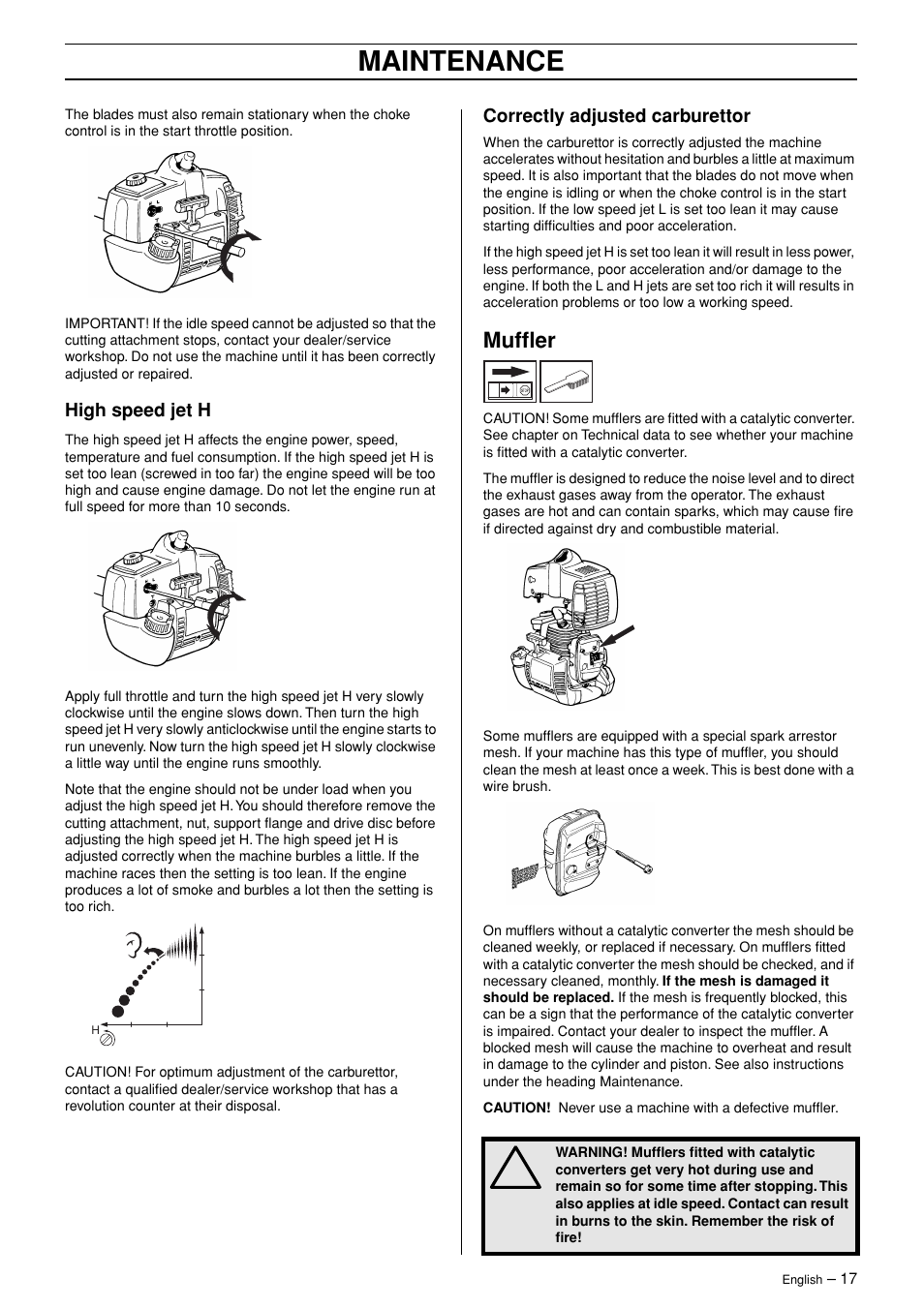 High speed jet h, Correctly adjusted carburettor, Muffler | Maintenance | Husqvarna 325HDA55 User Manual | Page 17 / 22