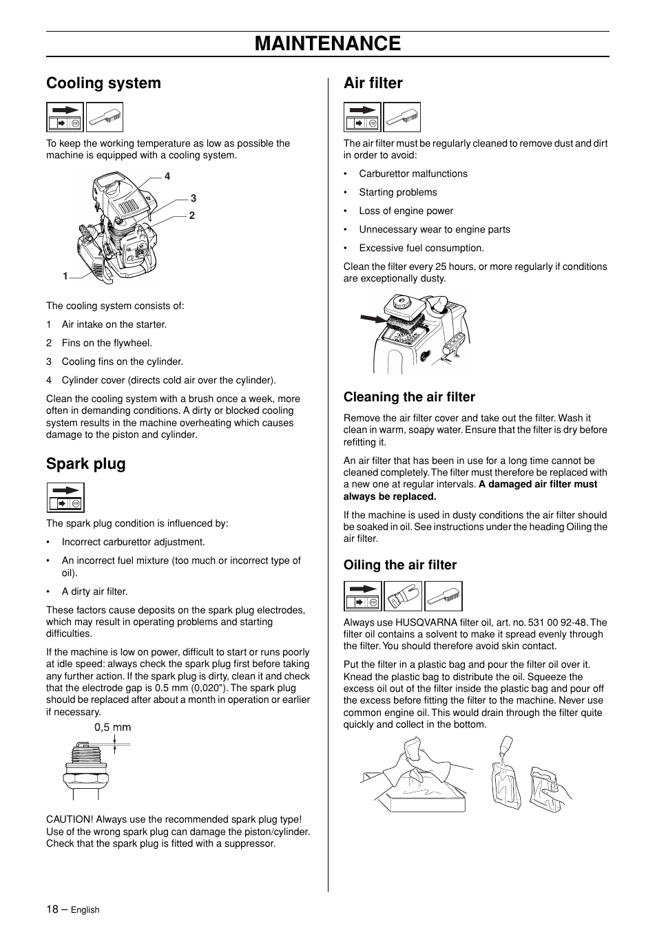 Cooling system, Spark plug, Air filter | Cleaning the air filter, Oiling the air filter, Maintenance | Husqvarna 325HDA55 User Manual | Page 18 / 22