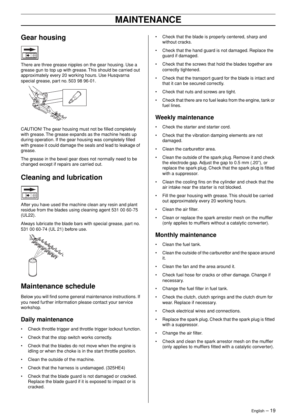 Gear housing, Cleaning and lubrication, Maintenance schedule | Daily maintenance, Weekly maintenance, Monthly maintenance, Maintenance | Husqvarna 325HDA55 User Manual | Page 19 / 22