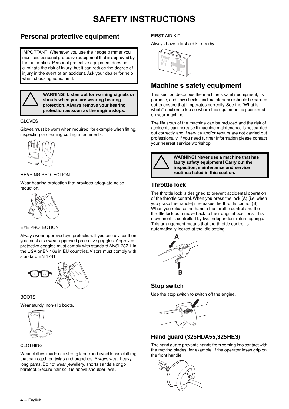 Personal protective equipment, Machine¢s safety equipment, Throttle lock | Stop switch, Hand guard (325hda55,325he3), Safety instructions, Machine ′ s safety equipment | Husqvarna 325HDA55 User Manual | Page 4 / 22