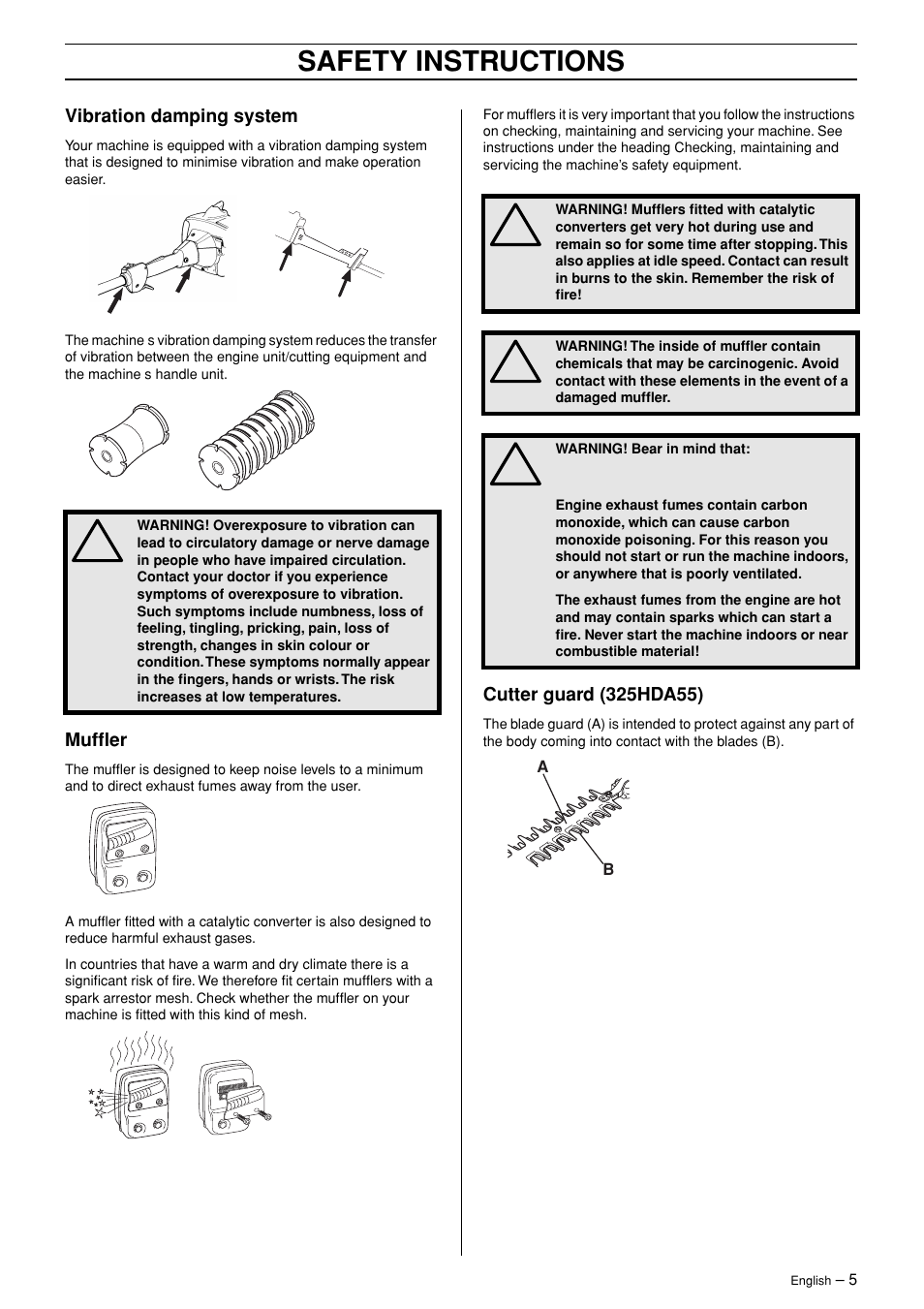Vibration damping system, Muffler, Cutter guard (325hda55) | Safety instructions | Husqvarna 325HDA55 User Manual | Page 5 / 22