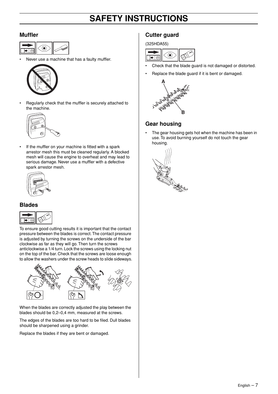 Muffler, Blades, Cutter guard | Gear housing, Safety instructions | Husqvarna 325HDA55 User Manual | Page 7 / 22