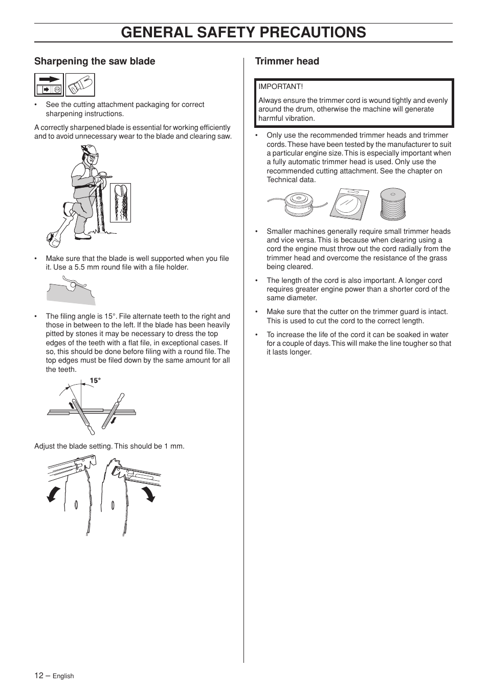 Sharpening the saw blade, Trimmer head, General safety precautions | Husqvarna 343F EN User Manual | Page 12 / 44