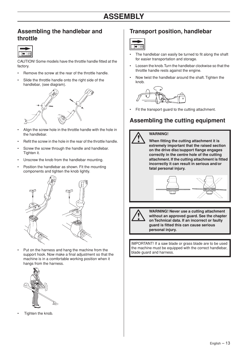 Assembling the handlebar and throttle, Transport position, handlebar, Assembling the cutting equipment | Assembly | Husqvarna 343F EN User Manual | Page 13 / 44