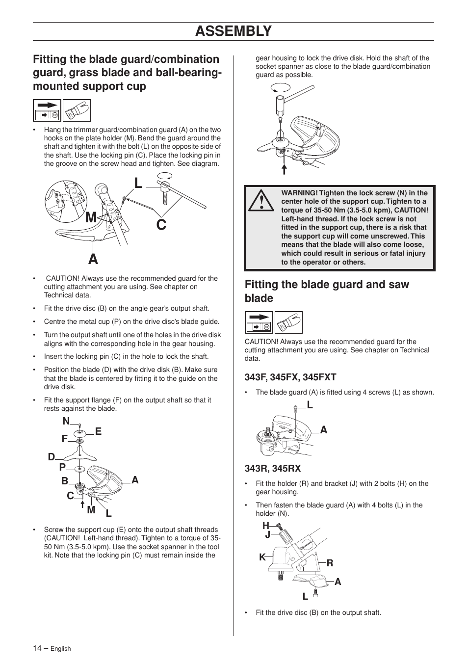 Fitting the blade guard and saw blade, 343f, 345fx, 345fxt, 343r, 345rx | La m c, Assembly | Husqvarna 343F EN User Manual | Page 14 / 44