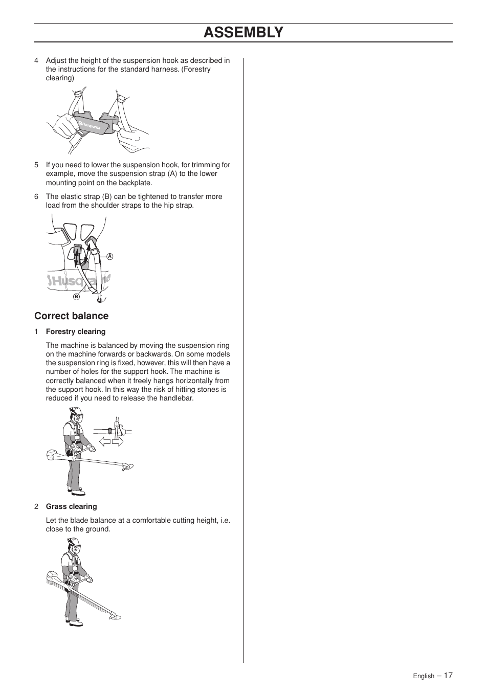 Correct balance, Assembly | Husqvarna 343F EN User Manual | Page 17 / 44