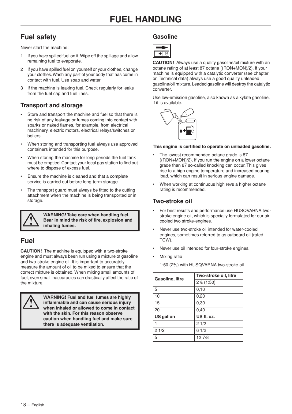 Fuel safety, Transport and storage, Fuel | Gasoline, Two-stroke oil, Fuel handling | Husqvarna 343F EN User Manual | Page 18 / 44