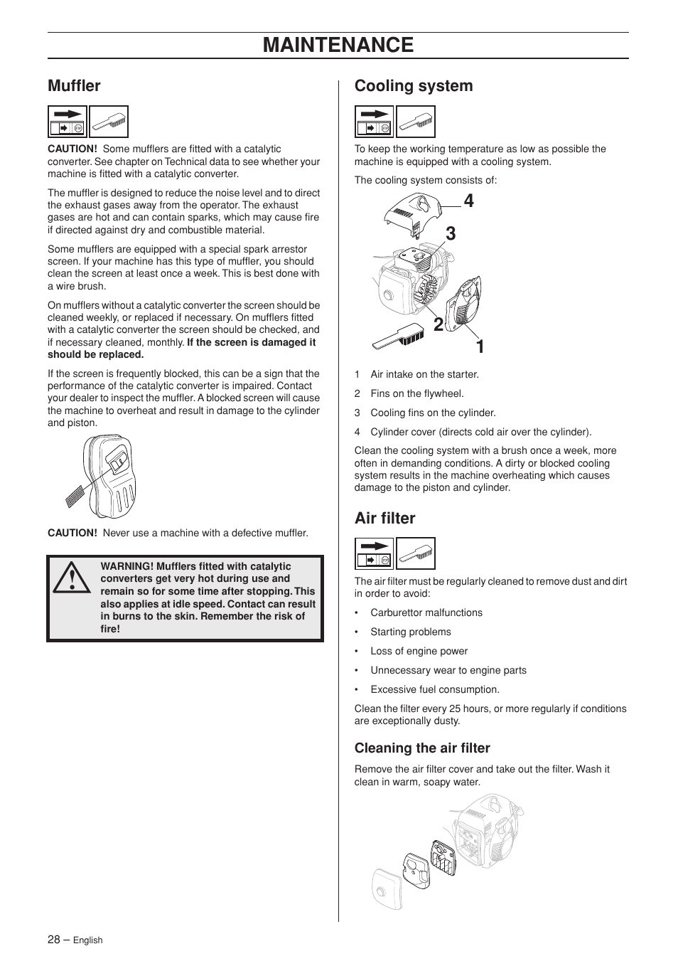 Muffler, Cooling system, Air filter | Cleaning the air filter, Maintenance | Husqvarna 343F EN User Manual | Page 28 / 44