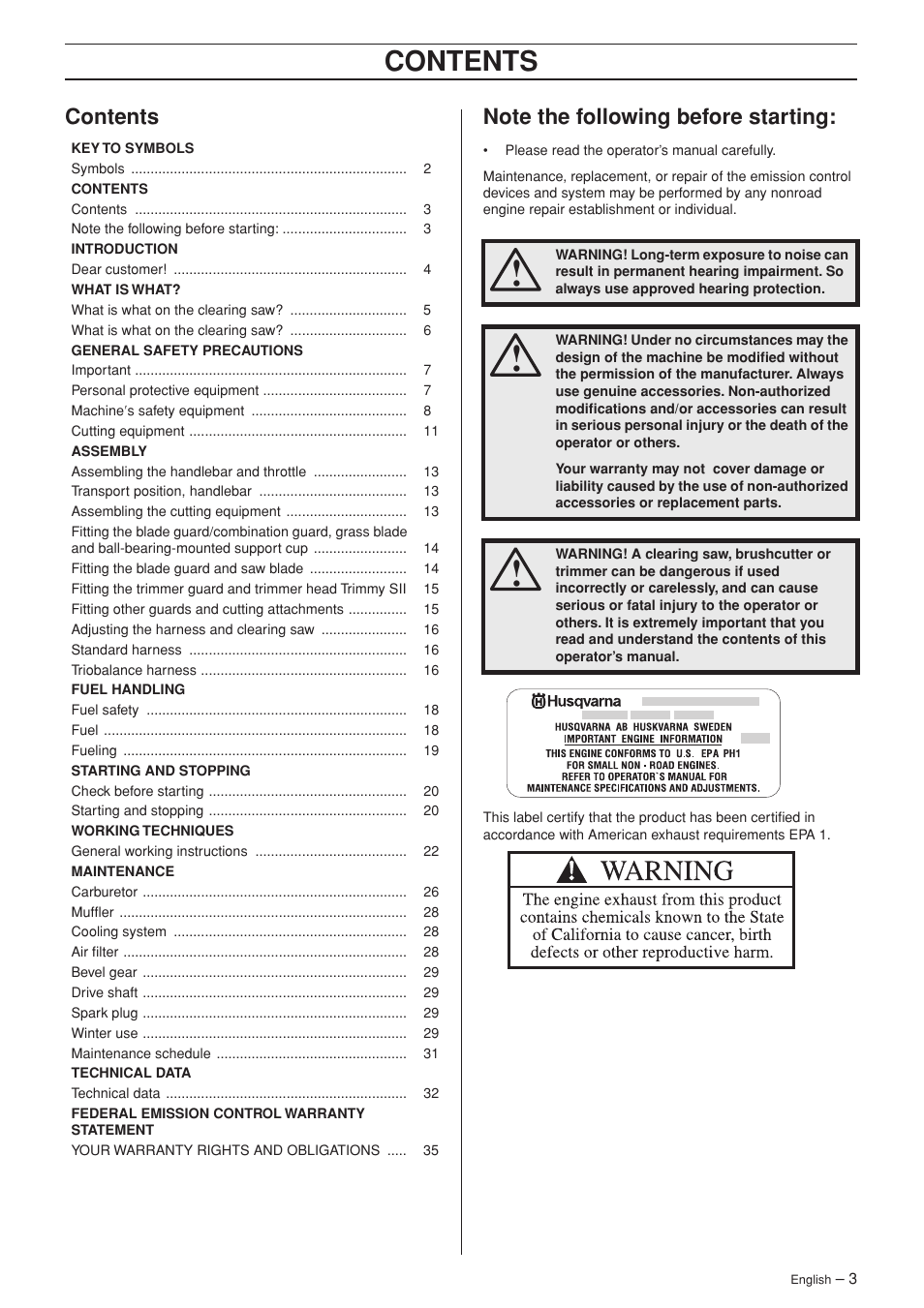 Husqvarna 343F EN User Manual | Page 3 / 44