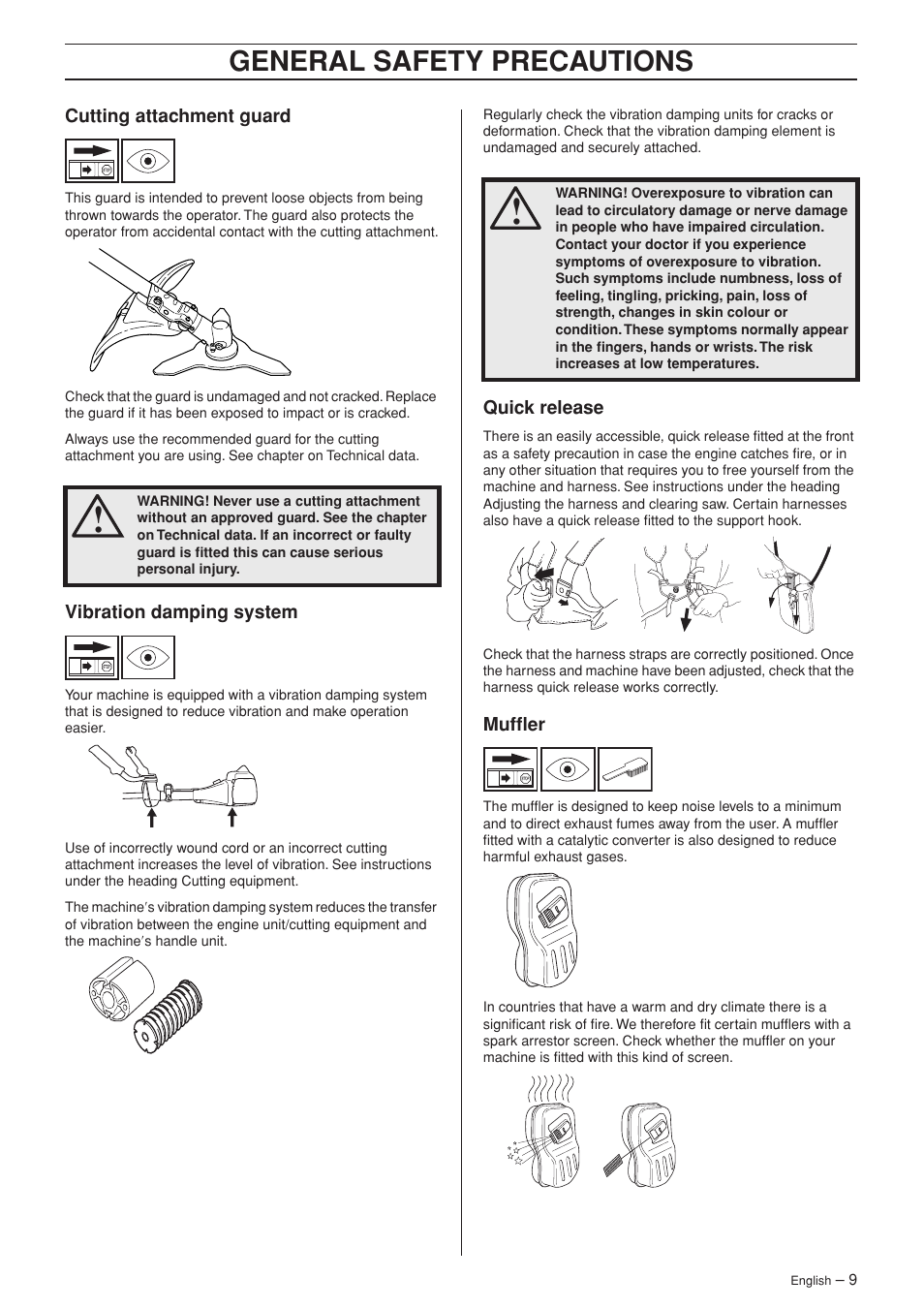 Cutting attachment guard, Vibration damping system, Quick release | Muffler, General safety preca utions | Husqvarna 343F EN User Manual | Page 9 / 44