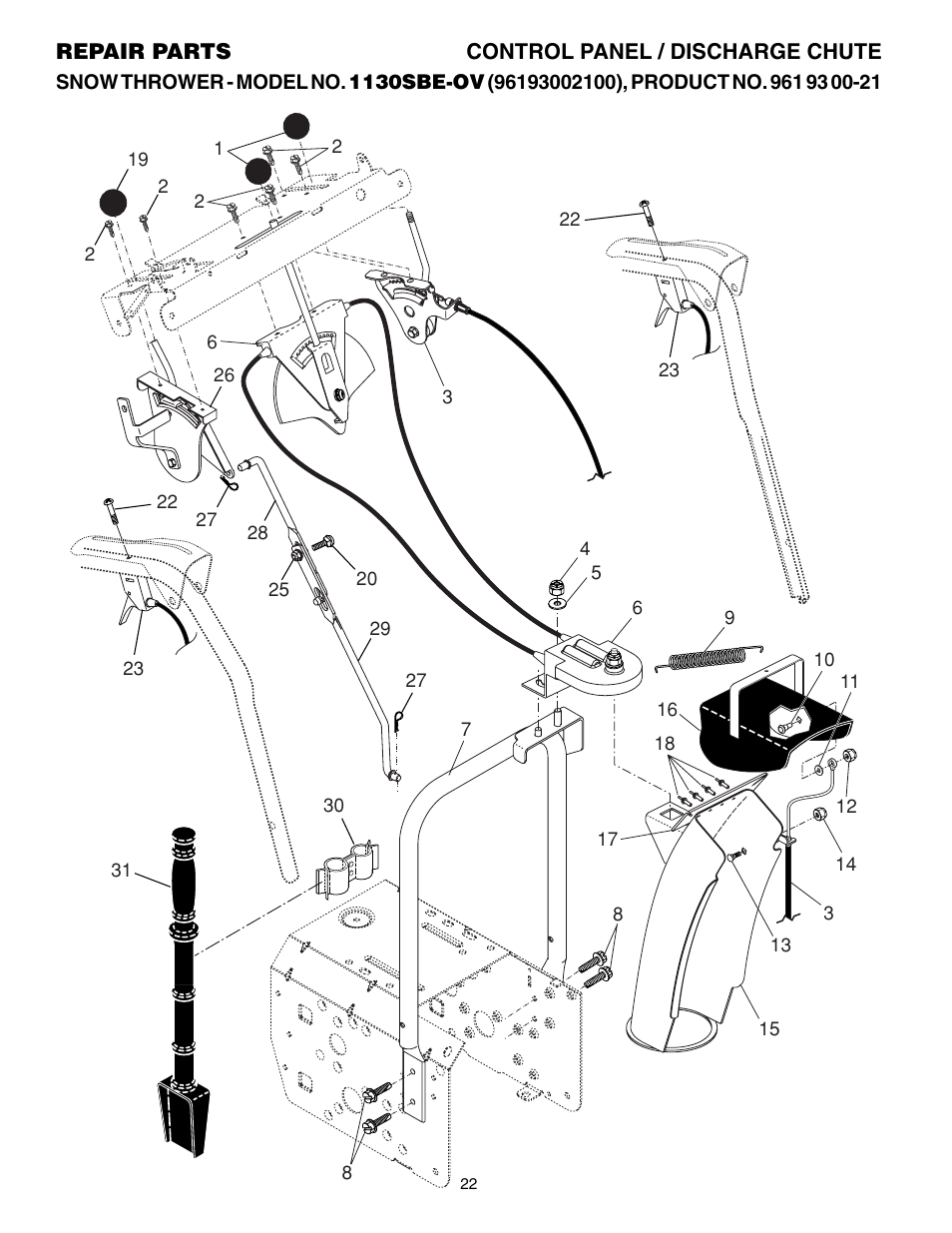 Control panel/ discharge chute | Husqvarna 1130SBE-OV User Manual | Page 22 / 32