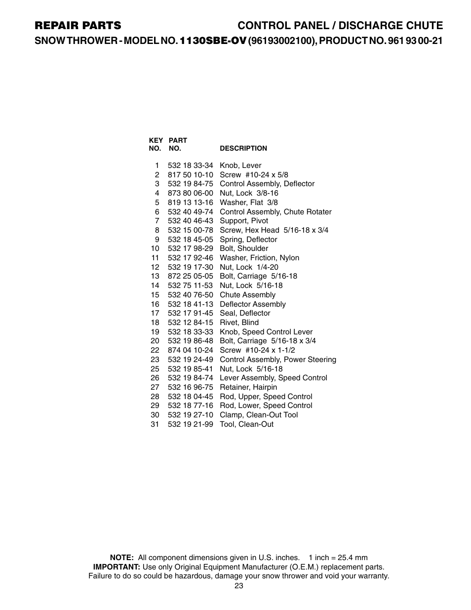Parts list, Repair parts control panel / discharge chute | Husqvarna 1130SBE-OV User Manual | Page 23 / 32
