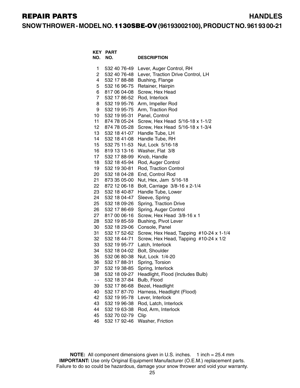 Parts list, Repair parts handles | Husqvarna 1130SBE-OV User Manual | Page 25 / 32