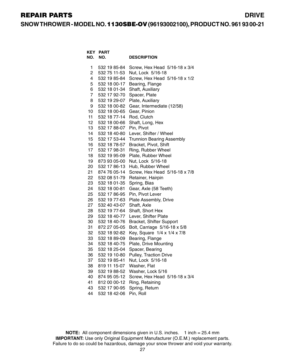 Parts list, Repair parts drive | Husqvarna 1130SBE-OV User Manual | Page 27 / 32