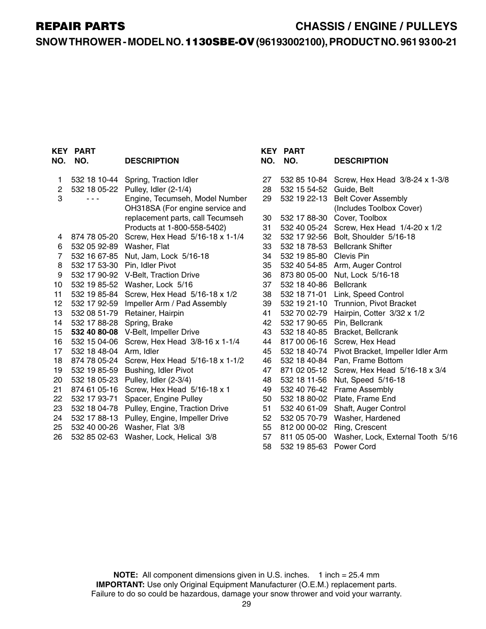 Parts list, Repair parts chassis / engine / pulleys | Husqvarna 1130SBE-OV User Manual | Page 29 / 32