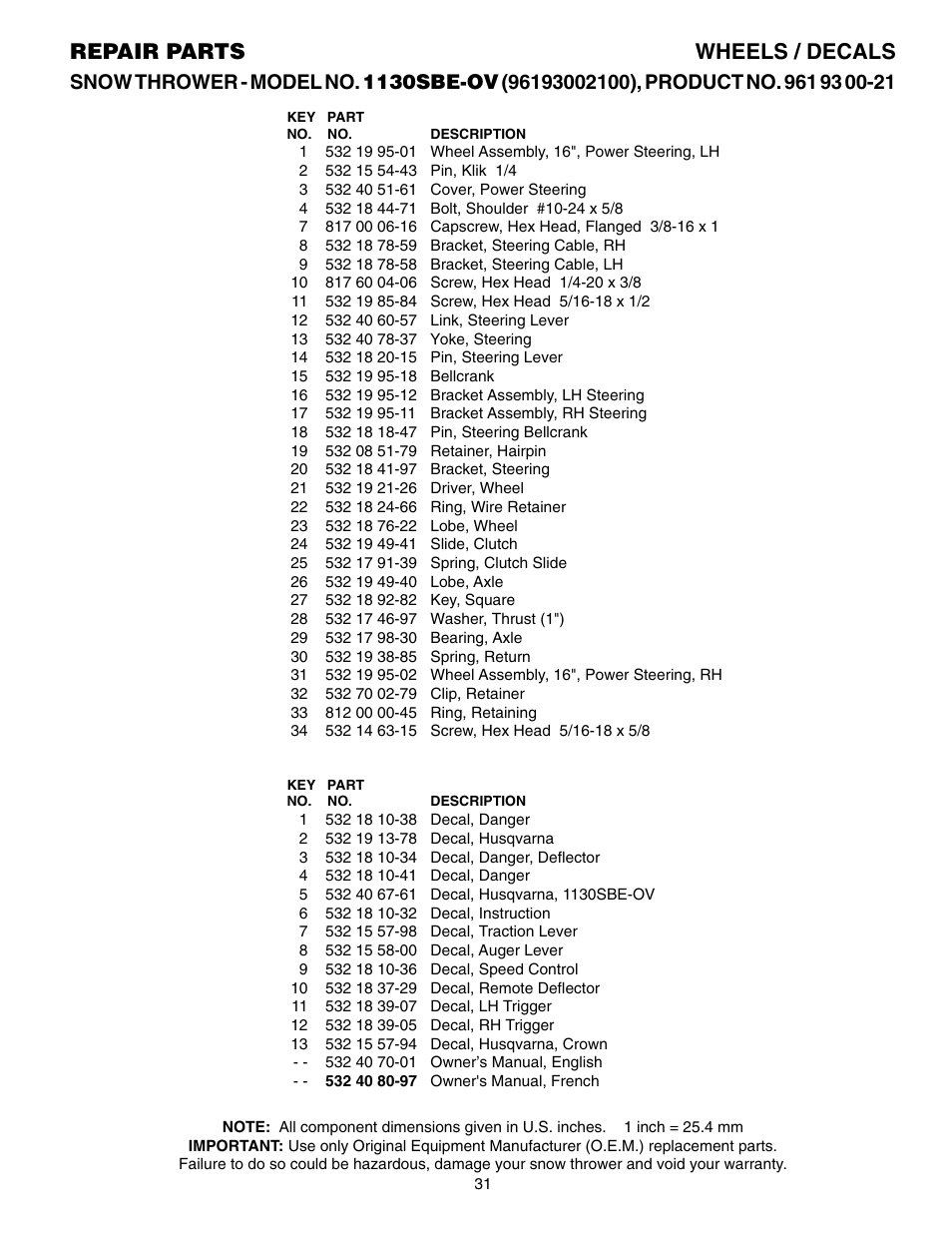 Parts list, Repair parts wheels / decals | Husqvarna 1130SBE-OV User Manual | Page 31 / 32