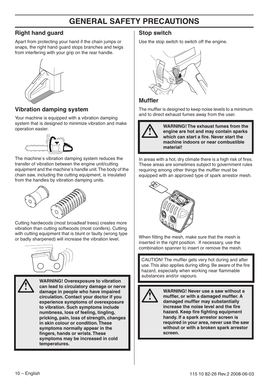 Right hand guard, Vibration damping system, Stop switch | Muffler, General safety precautions | Husqvarna 440e User Manual | Page 10 / 44