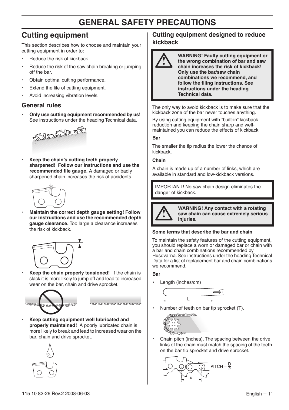Cutting equipment, General rules, Cutting equipment designed to reduce kickback | General safety precautions | Husqvarna 440e User Manual | Page 11 / 44