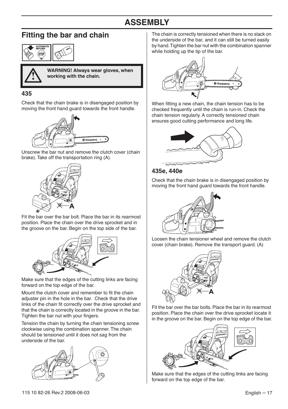 Fitting the bar and chain, 435e, 440e, Assembly | Husqvarna 440e User Manual | Page 17 / 44