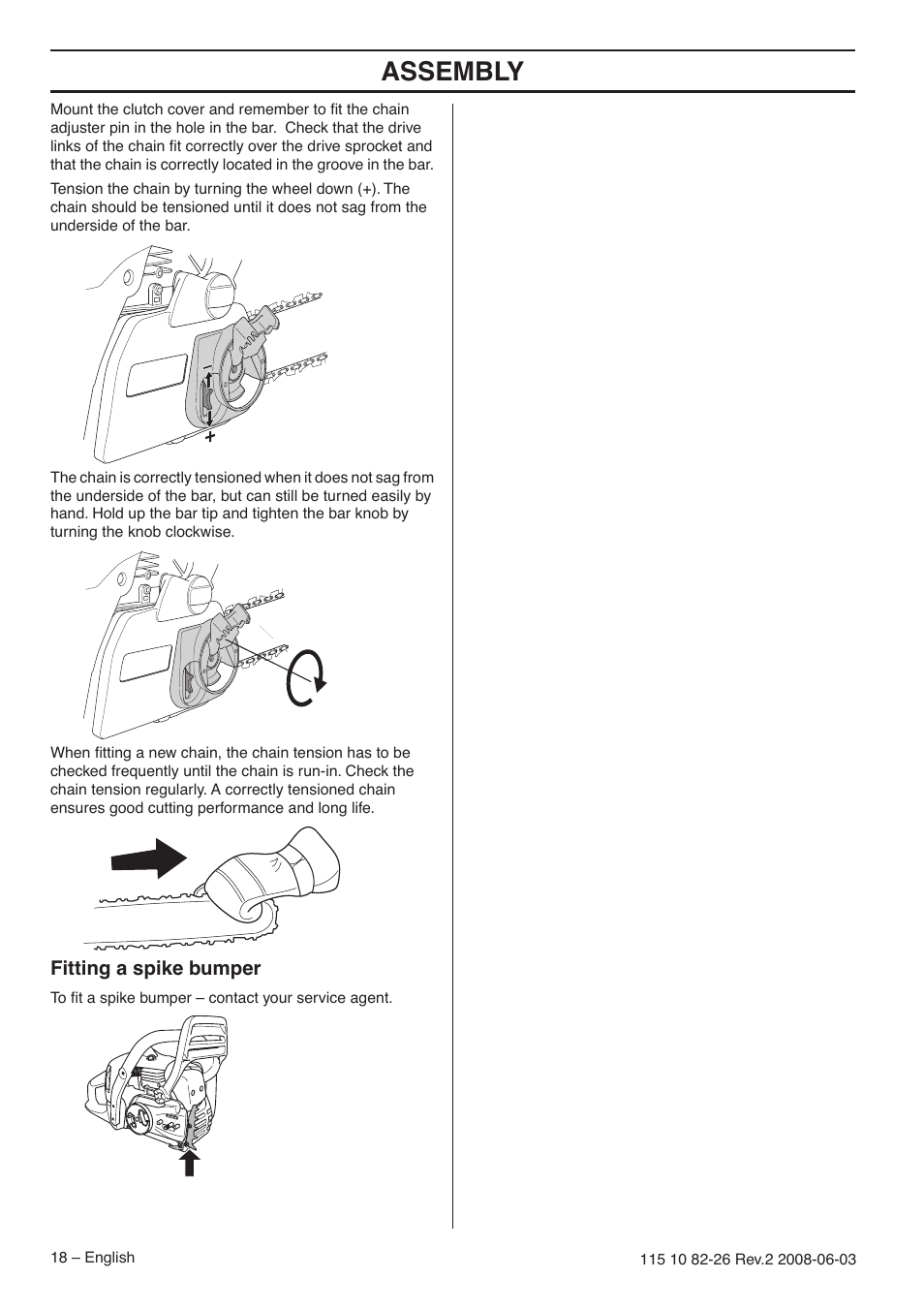 Fitting a spike bumper, Assembly | Husqvarna 440e User Manual | Page 18 / 44