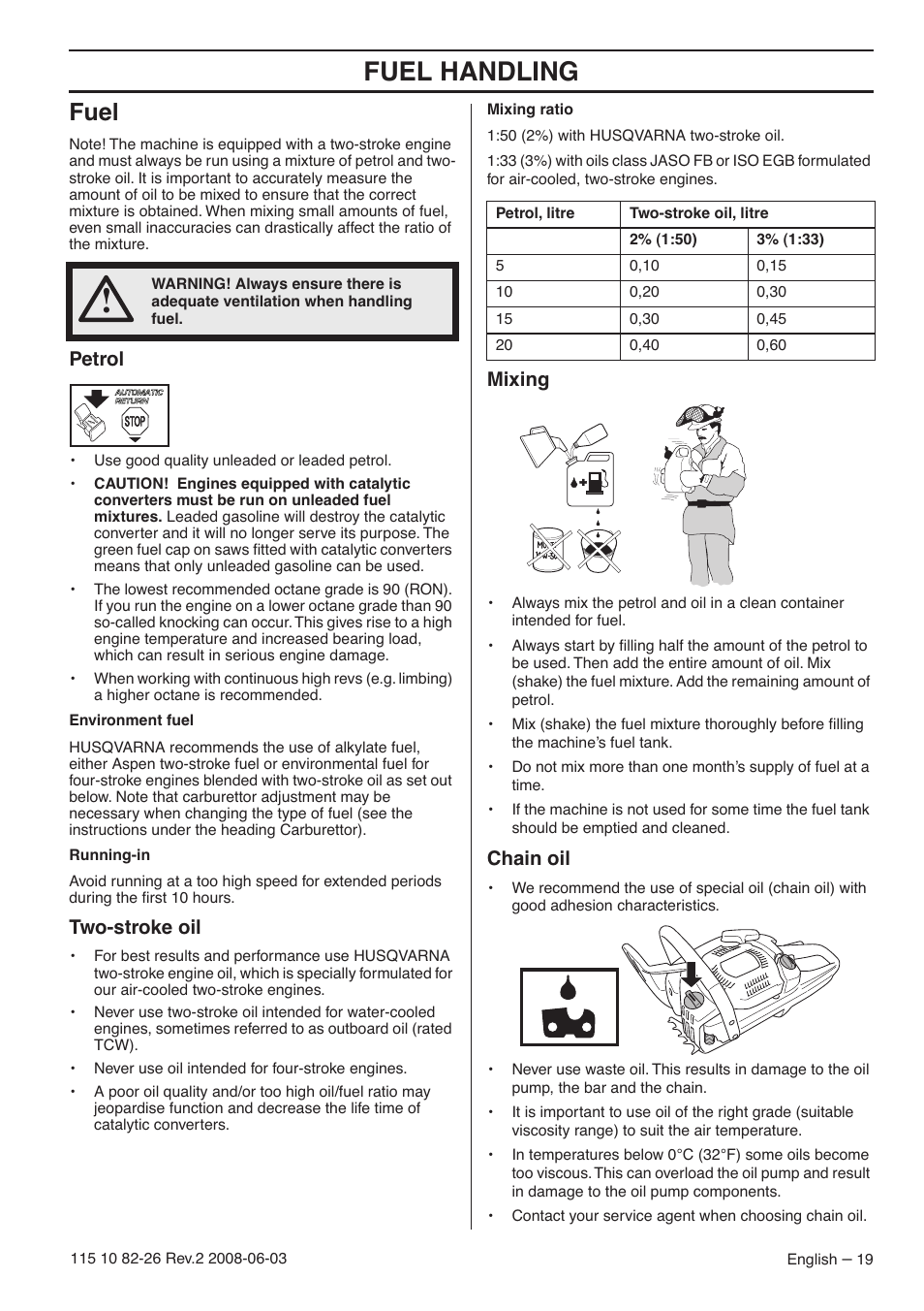 Fuel, Petrol, Two-stroke oil | Mixing, Chain oil, Fuel handling | Husqvarna 440e User Manual | Page 19 / 44