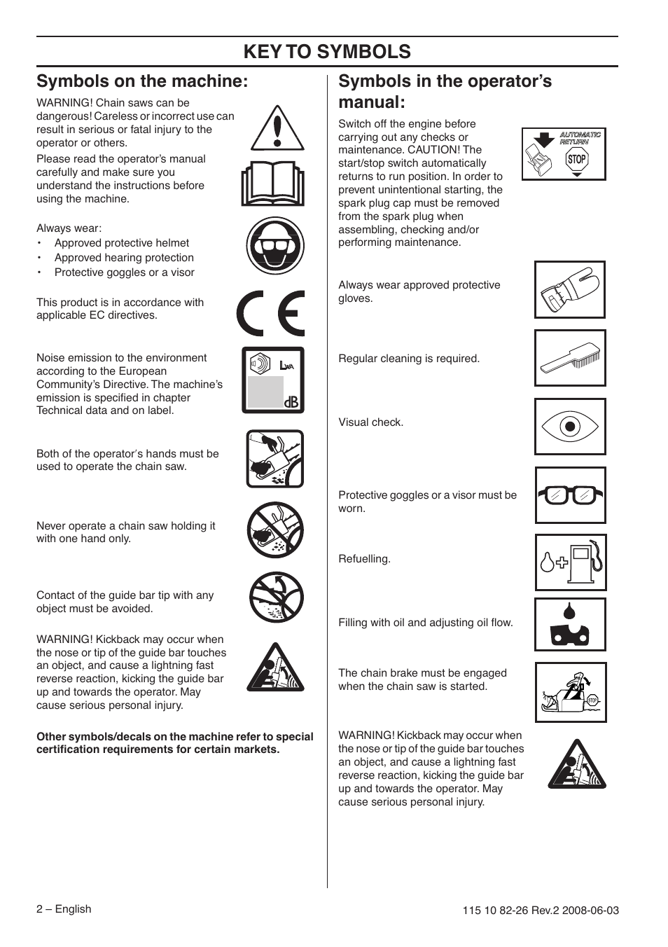 Symbols on the machine, Symbols in the operator’s manual, Key t o symbols | Symbols on the mac hine, Symbols in the operator’ s manual | Husqvarna 440e User Manual | Page 2 / 44