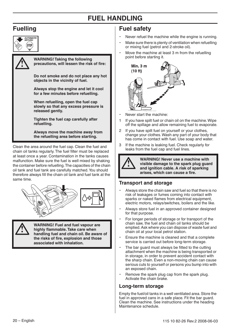Fuelling, Fuel safety, Transport and storage | Long-term storage, Fuel handling | Husqvarna 440e User Manual | Page 20 / 44