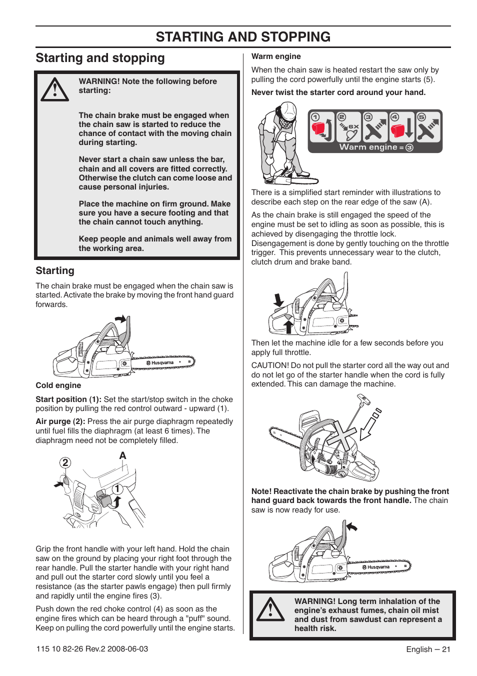 Starting and stopping, Starting | Husqvarna 440e User Manual | Page 21 / 44
