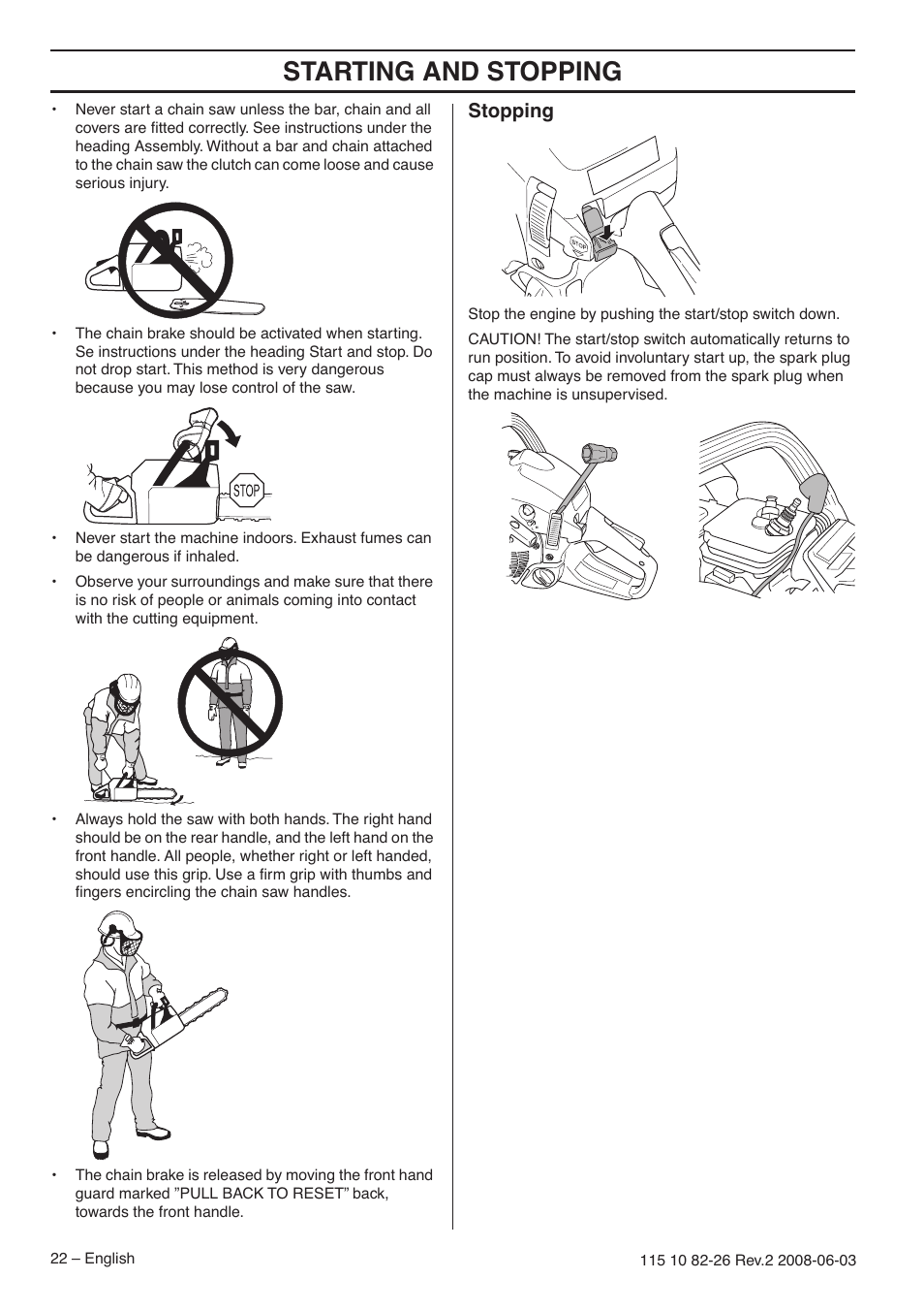 Stopping, Starting and stopping | Husqvarna 440e User Manual | Page 22 / 44